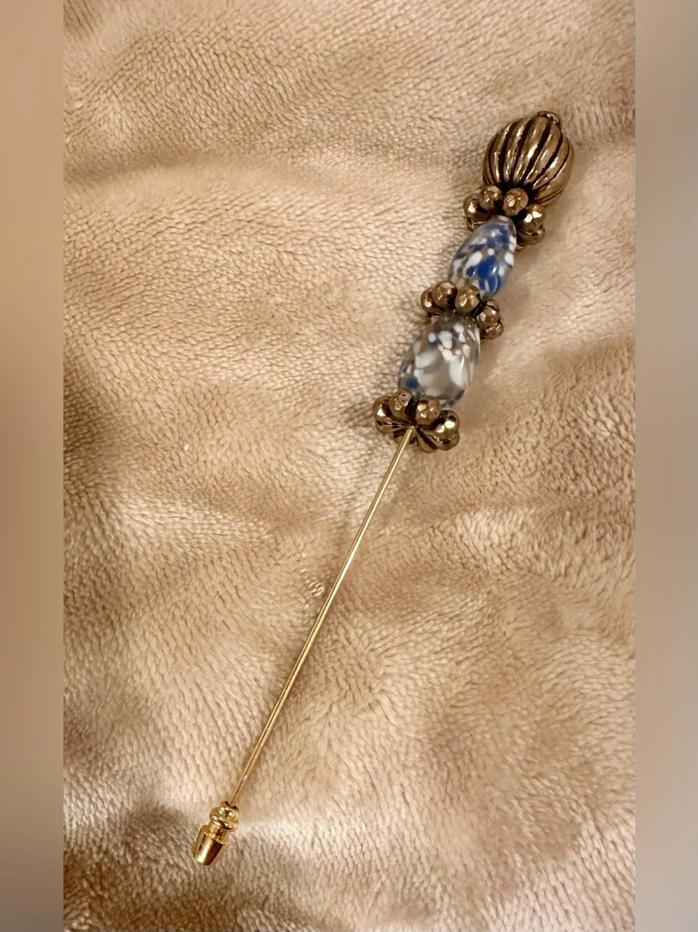 Blue and White Glass Bead Gold-Tone Drop Stick pin with cap